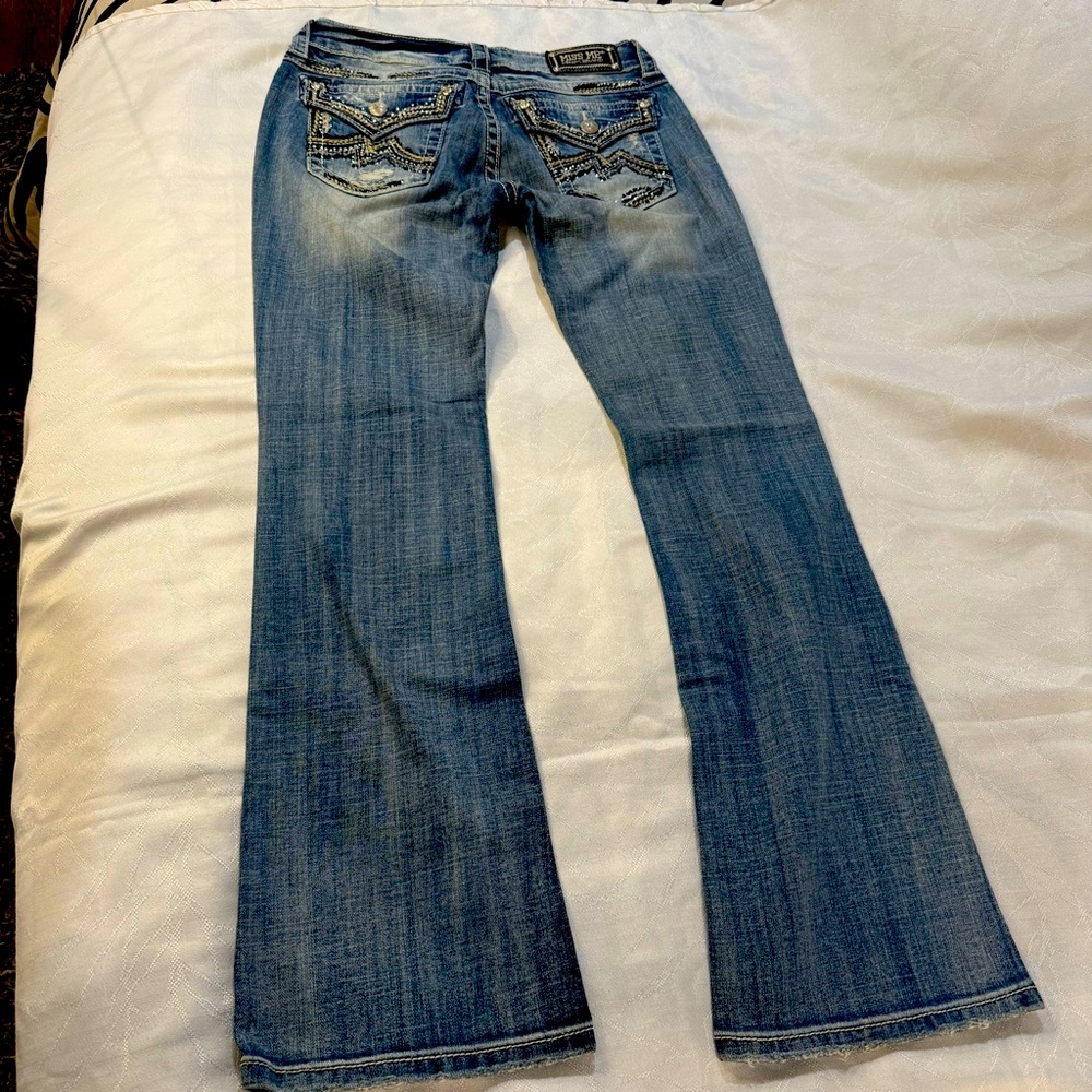 Miss Me Rhinestone Embellished Boot Cut Ripped Mid Rise Whisker SZ 29